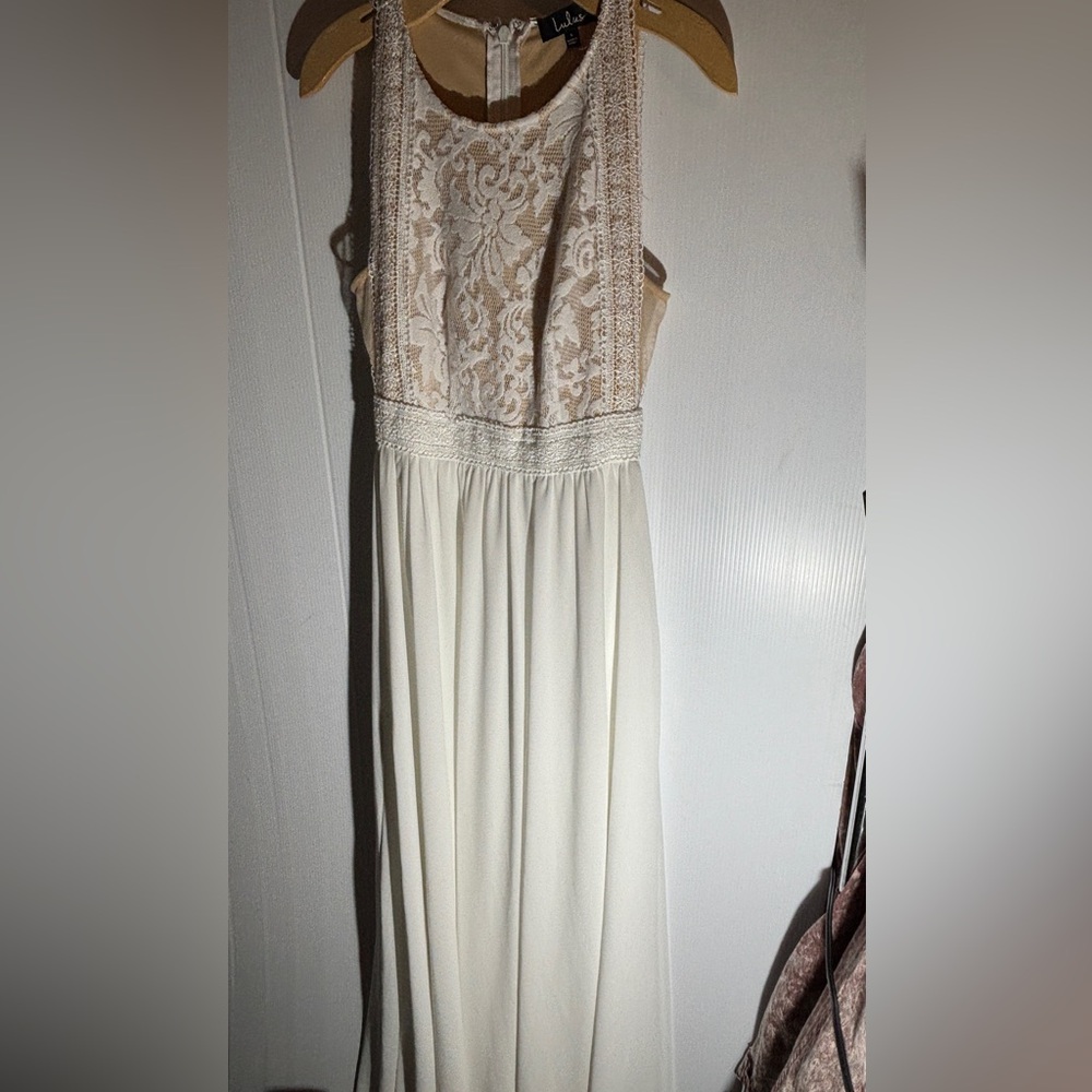Lulu's Forever and Always White Nude Lace Maxi Dress Bridal Gown Wedding small